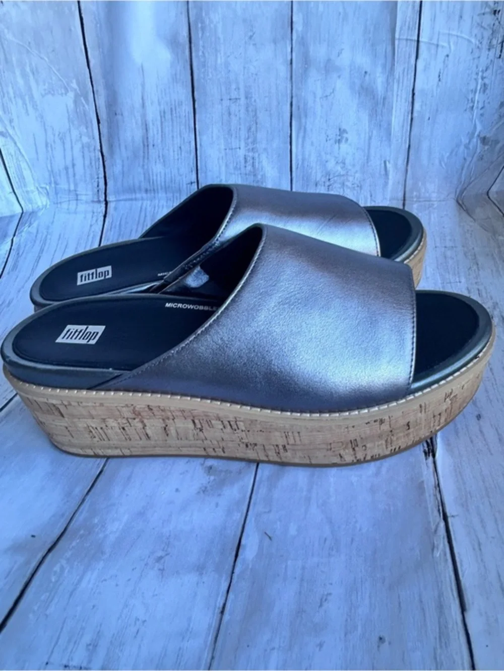 Fitflop Metallic Pewter Cork-Platform Slide Sandals